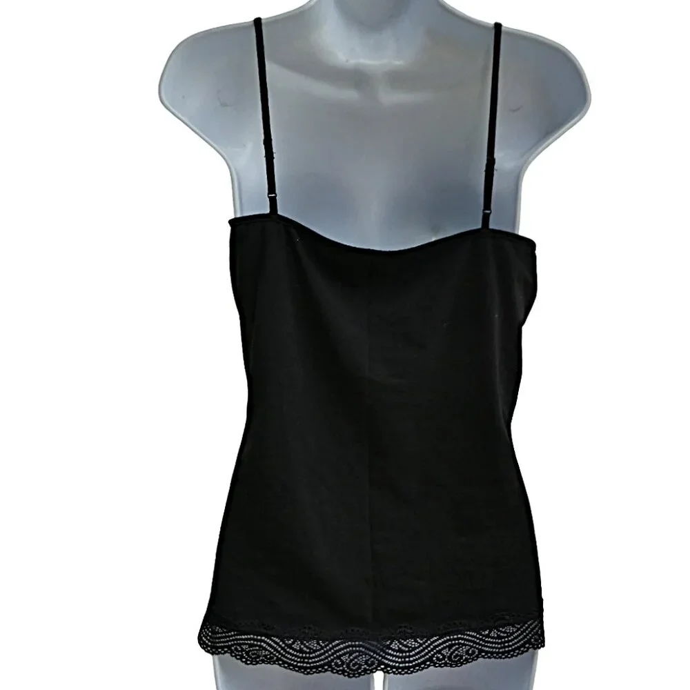 Ann Taylor Black Cami Top Lace Trim Cotton Spandex Adj Straps M
